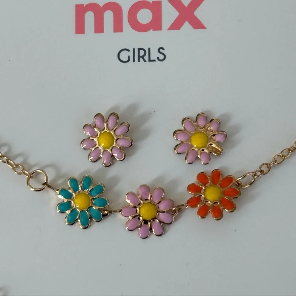 NEW Max Girls Colorful Daisy Necklace, Bracelet & Stud Earrings Set Floral Jewel
